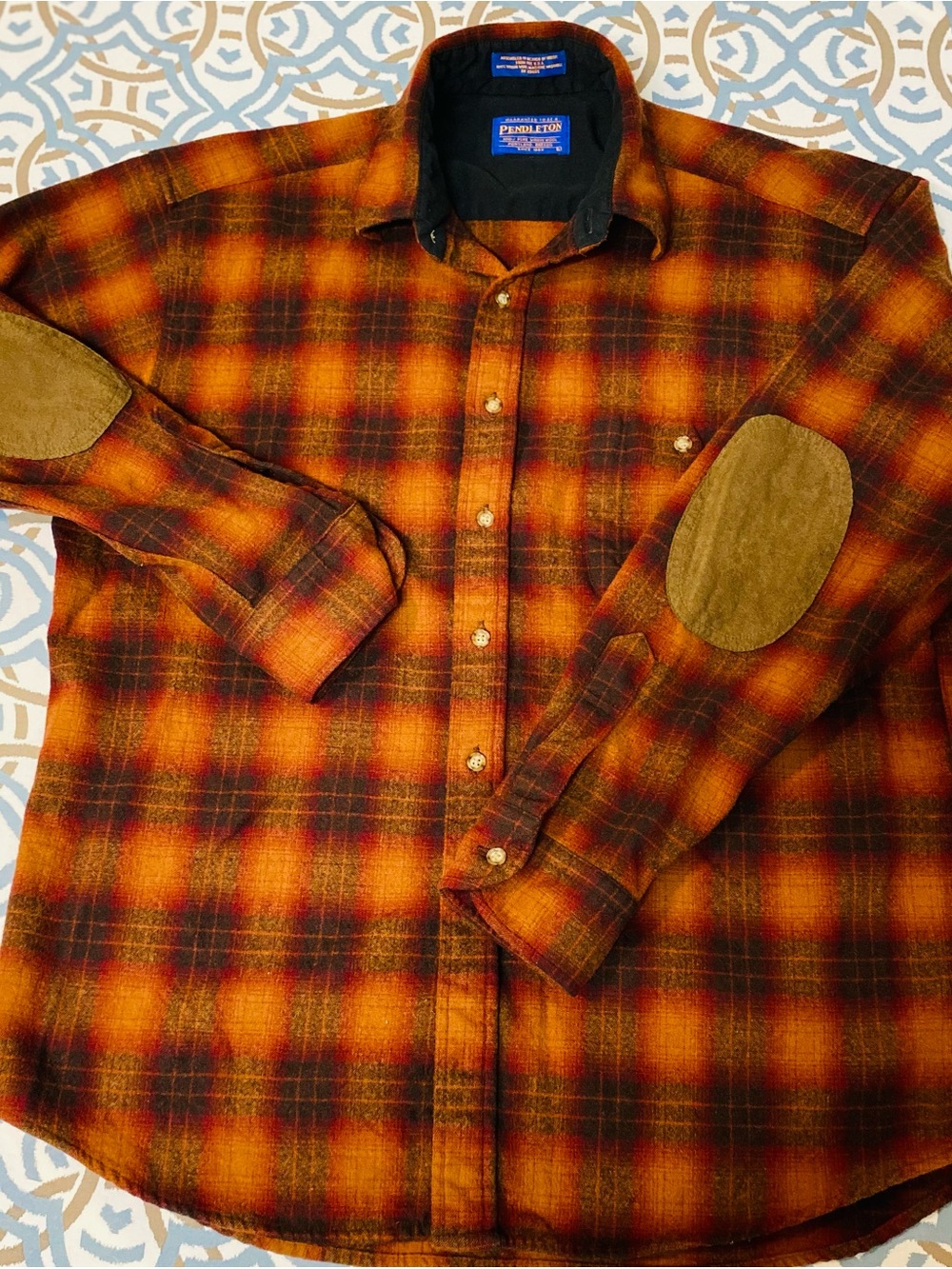 Pendleton Orange and Brown Plaid Button-Down Shirt with Elbow Patches